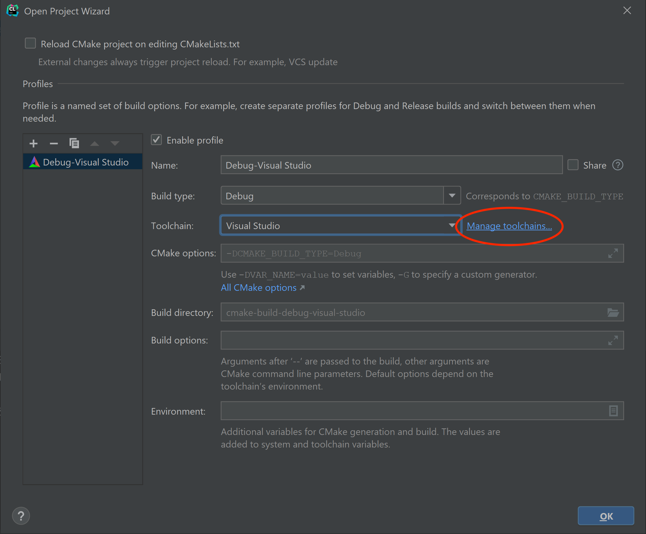 Windows CLion Toolchain Dialog