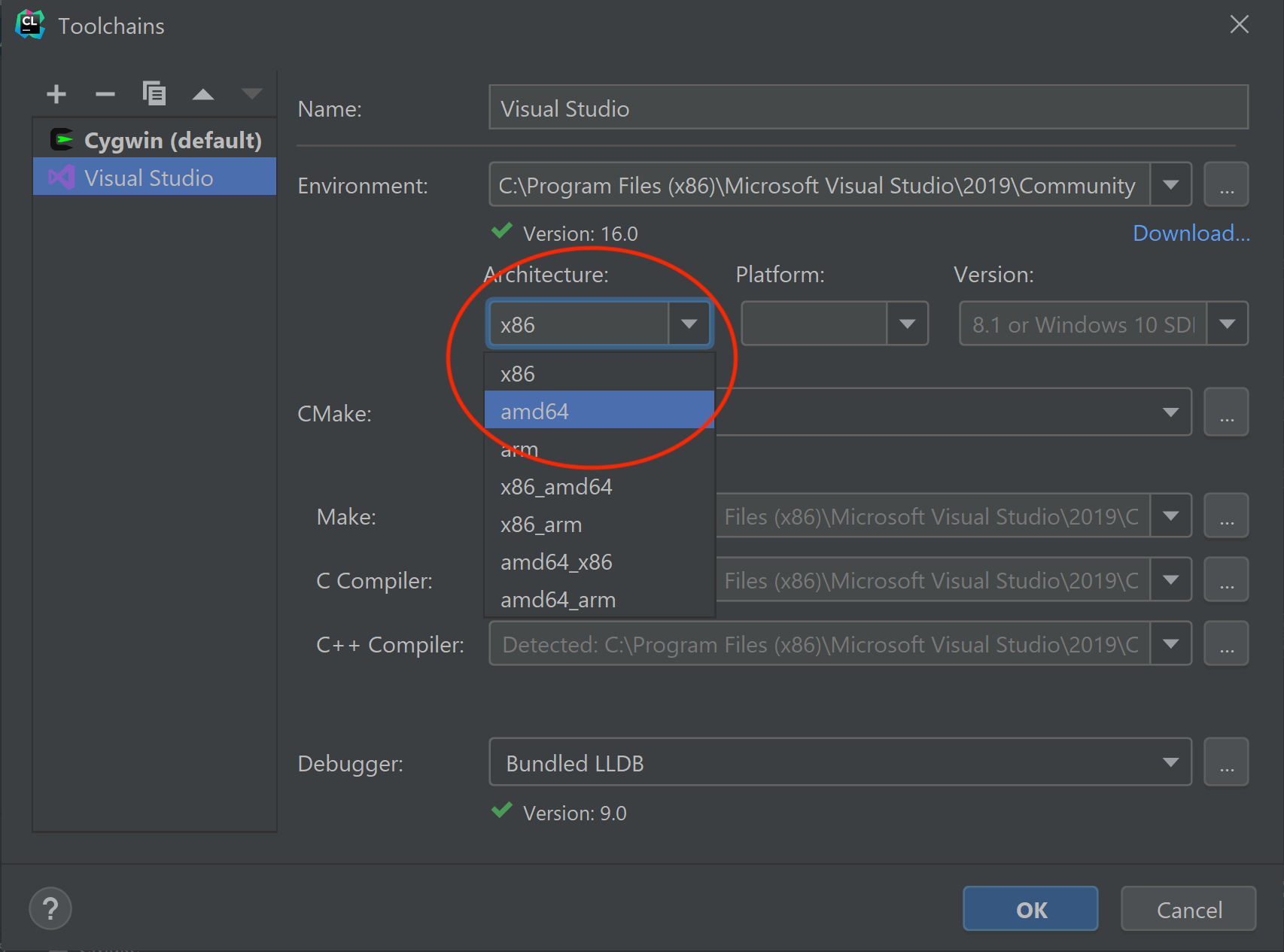 Windows CLion Architecture Dialog